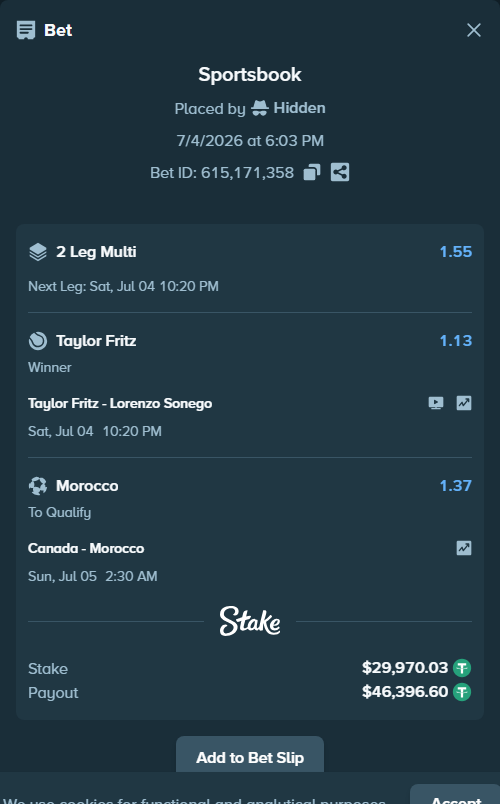 Bet slip: Taylor Fritz - Lorenzo Sonego, $30,000.00 stake at 1.13 odds, placed by Neelimah960