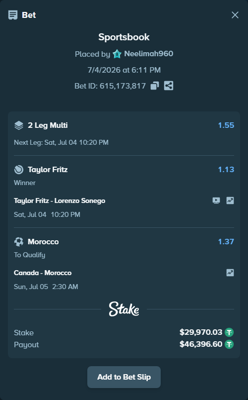 Bet slip: Taylor Fritz - Lorenzo Sonego, $30,000.00 stake at 1.13 odds, placed by Neelimah960