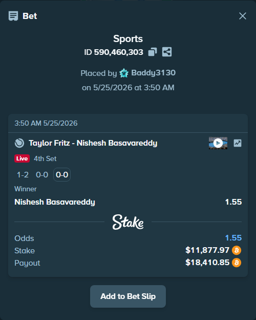 Bet slip: Taylor Fritz - Nishesh Basavareddy, $9,963.99 stake at 1.55 odds, placed by Baddy3130