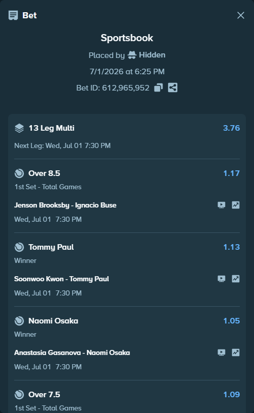 Bet slip: Taylor Fritz - Patrick Kypson, $125,000.00 stake at 1.06 odds, placed by Hidden