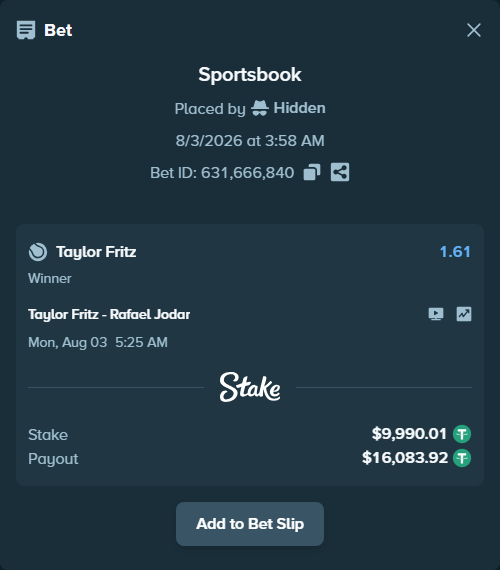Bet slip: Taylor Fritz - Rafael Jodar, $10,000.00 stake at 1.61 odds, placed by Hidden