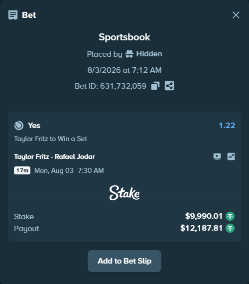Bet slip: Taylor Fritz - Rafael Jodar, $10,000.00 stake at 1.22 odds, placed by Hidden