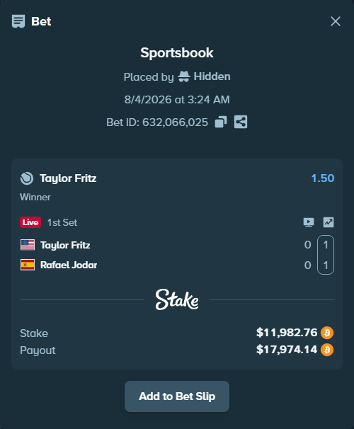 Bet slip: Taylor Fritz - Rafael Jodar, $12,070.40 stake at 1.50 odds, placed by Hidden