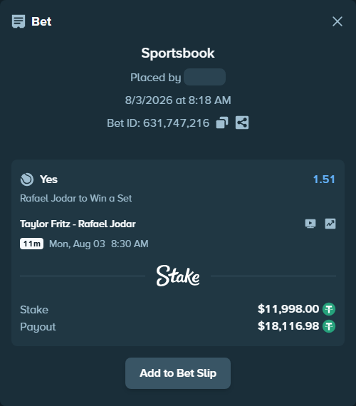 Bet slip: Taylor Fritz - Rafael Jodar, $12,010.00 stake at 1.51 odds, placed by antoniku