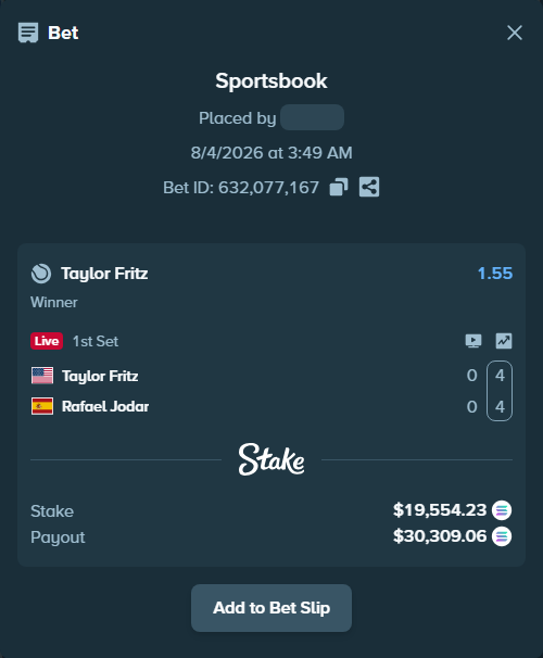 Bet slip: Taylor Fritz - Rafael Jodar, $19,226.21 stake at 1.55 odds, placed by Mashko21