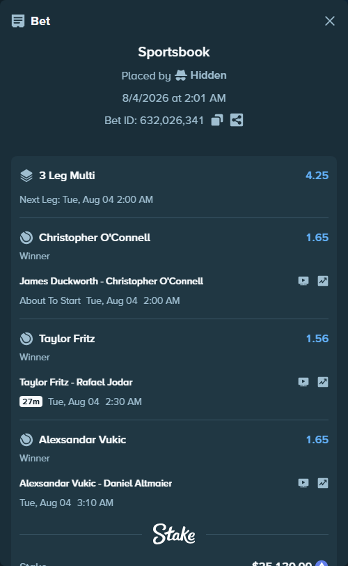 Bet slip: Taylor Fritz - Rafael Jodar, $25,621.15 stake at 1.56 odds, placed by Hidden