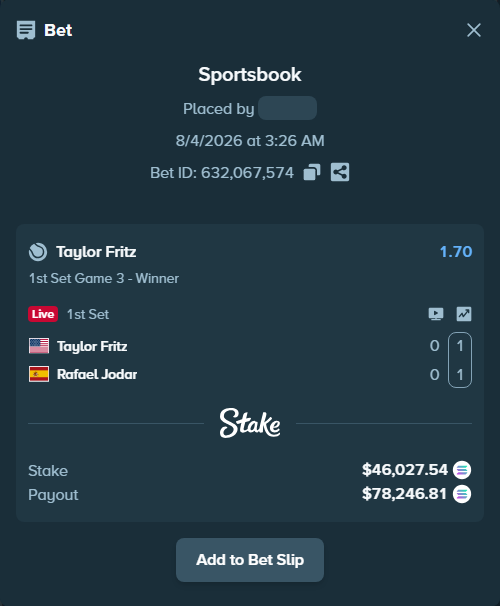 Bet slip: Taylor Fritz - Rafael Jodar, $45,389.22 stake at 1.70 odds, placed by Prettylfacko98