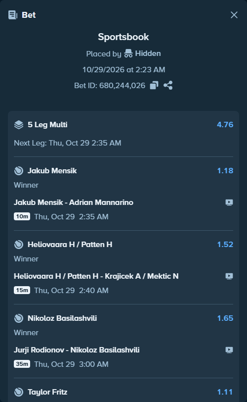 Bet slip: Taylor Fritz - Rinky Hijikata, $10,000.00 stake at 1.11 odds, placed by Hidden