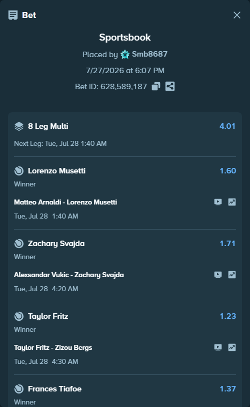 Bet slip: Taylor Fritz - Zizou Bergs, $10,277.00 stake at 1.23 odds, placed by Smb8687