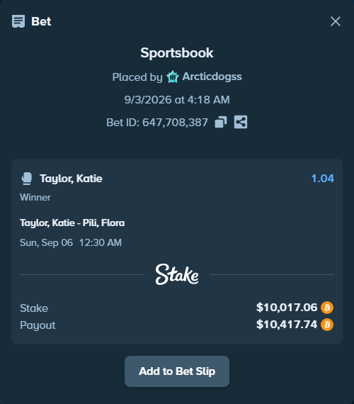 Bet slip: Taylor, Katie - Pili, Flora, $10,360.09 stake at 1.04 odds, placed by Arcticdogss