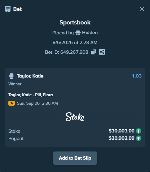 Bet slip: Taylor, Katie - Pili, Flora, $30,000.00 stake at 1.03 odds, placed by Hidden