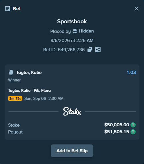 Bet slip: Taylor, Katie - Pili, Flora, $50,000.00 stake at 1.03 odds, placed by Hidden