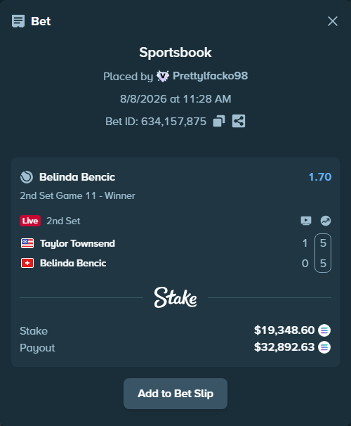 Bet slip: Taylor Townsend - Belinda Bencic, $19,368.19 stake at 1.70 odds, placed by Prettylfacko98