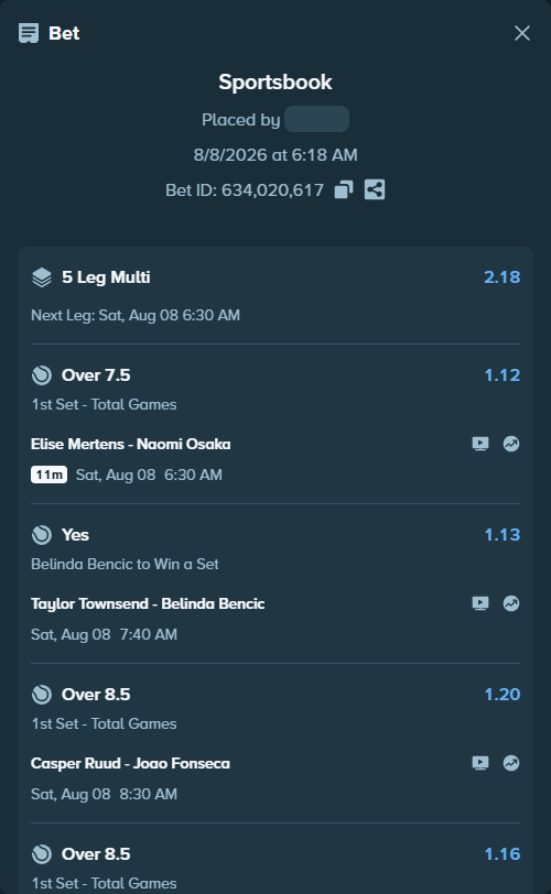 Bet slip: Taylor Townsend - Belinda Bencic, $41,186.97 stake at 1.13 odds, placed by EaurigaT