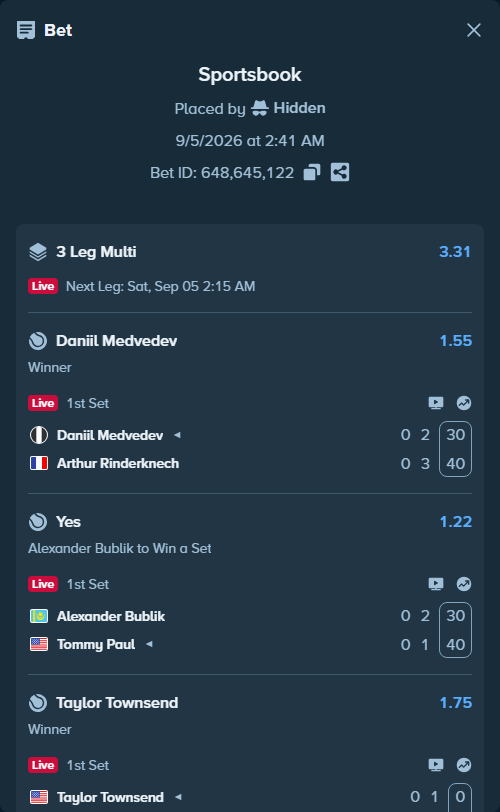 Bet slip: Taylor Townsend - Diana Shnaider, $10,224.74 stake at 1.75 odds, placed by Hidden