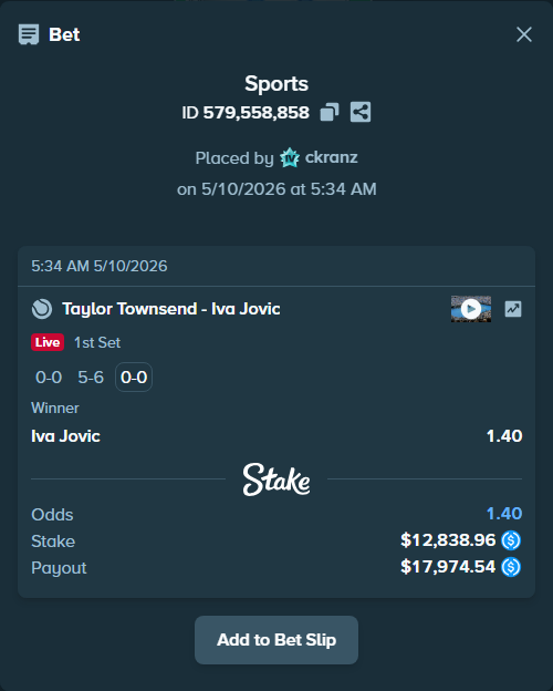 Bet slip: Taylor Townsend - Iva Jovic, $12,838.96 stake at 1.40 odds, placed by ckranz
