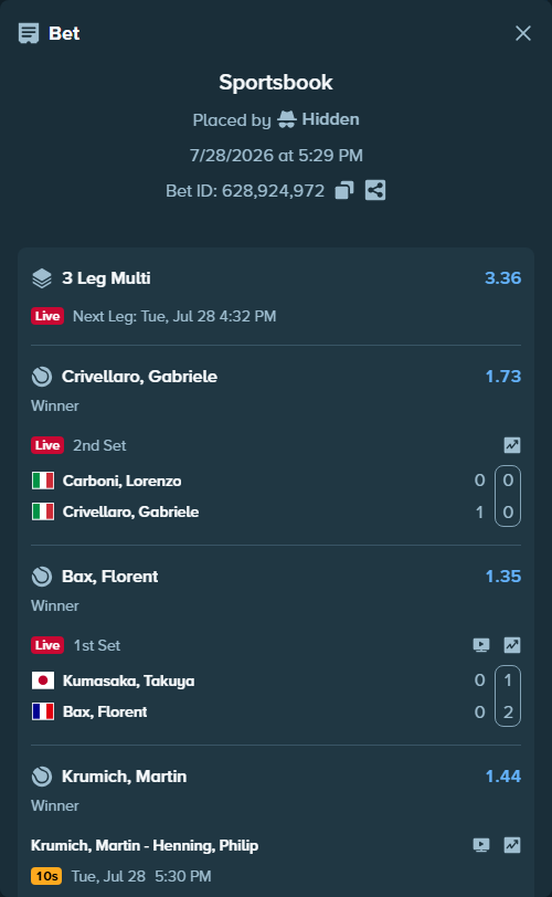 Bet slip: Tayuka Kumasaka - Bax, Florent, $20,912.00 stake at 1.35 odds, placed by Hidden