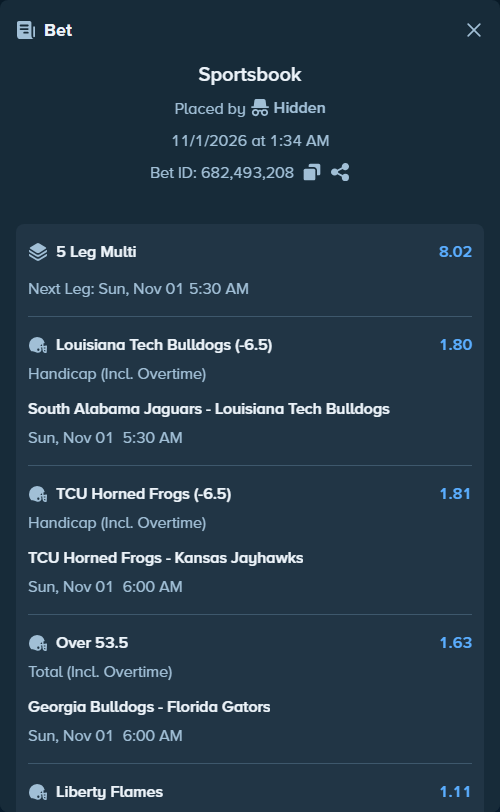 Bet slip: TCU Horned Frogs - Kansas Jayhawks, $10,017.02 stake at 1.81 odds, placed by Hidden