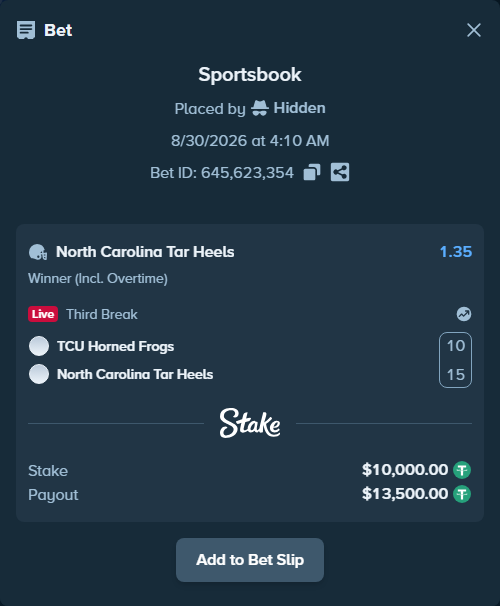 Bet slip: TCU Horned Frogs - North Carolina Tar Heels, $10,000.00 stake at 1.35 odds, placed by Hidden