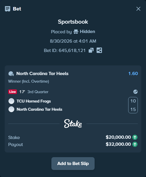 Bet slip: TCU Horned Frogs - North Carolina Tar Heels, $20,000.00 stake at 1.60 odds, placed by Hidden