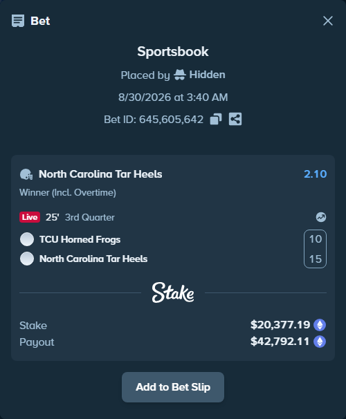 Bet slip: TCU Horned Frogs - North Carolina Tar Heels, $20,448.03 stake at 2.10 odds, placed by Hidden