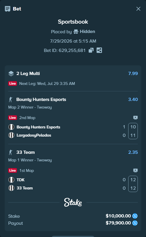 Bet slip: TDK - 33 Team, $10,000.00 stake at 2.35 odds, placed by Hidden