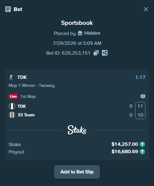Bet slip: TDK - 33 Team, $14,271.26 stake at 1.17 odds, placed by Hidden