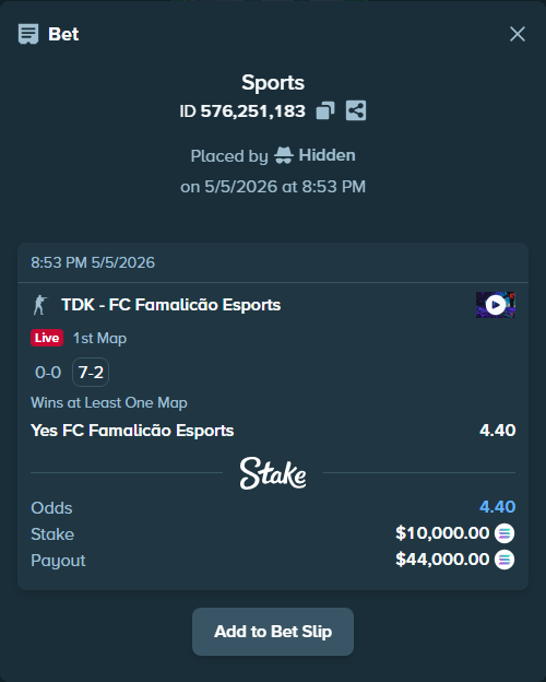 Bet slip: TDK - FC Famalicão Esports, $8,668.01 stake at 4.40 odds, placed by Hidden