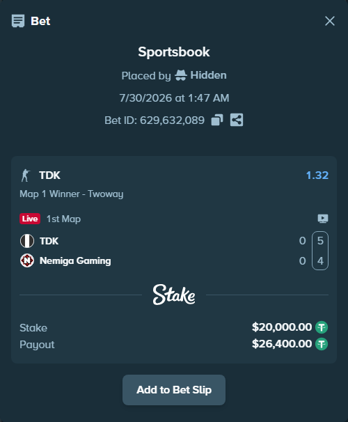 Bet slip: TDK - Nemiga Gaming, $20,020.00 stake at 1.32 odds, placed by Hidden