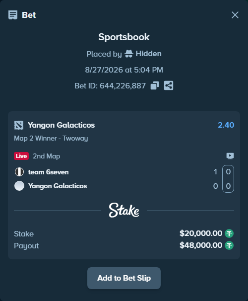 Bet slip: team 6seven - Yangon Galacticos, $20,000.00 stake at 2.40 odds, placed by Hidden