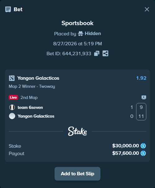 Bet slip: team 6seven - Yangon Galacticos, $30,000.00 stake at 1.92 odds, placed by Hidden
