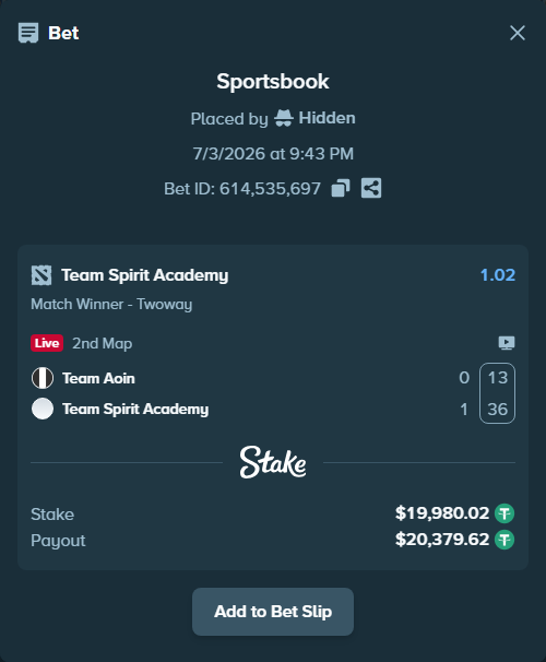 Bet slip: Team Aion - Team Spirit Academy, $20,000.00 stake at 1.02 odds, placed by Hidden