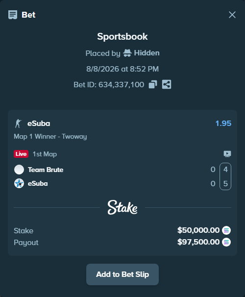 Bet slip: Team Brute - eSuba, $50,274.10 stake at 1.95 odds, placed by Hidden