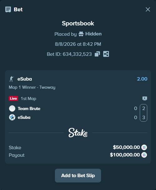 Bet slip: Team Brute - eSuba, $50,320.75 stake at 2.00 odds, placed by Hidden