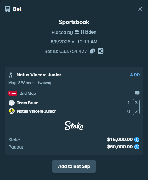 Bet slip: Team Brute - Natus Vincere Junior, $15,000.00 stake at 4.00 odds, placed by Hidden