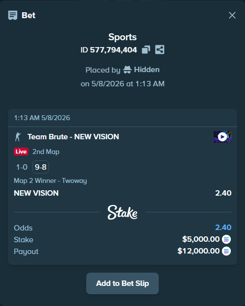 Bet slip: Team Brute - NEW VISION, $4,179.61 stake at 2.40 odds, placed by Hidden