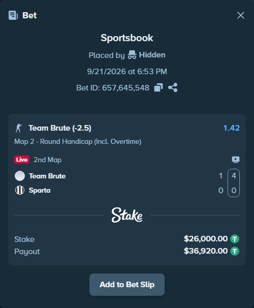 Bet slip: Team Brute - Sparta, $26,000.00 stake at 1.42 odds, placed by Hidden
