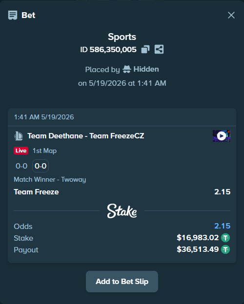 Bet slip: Team Deethane - Team Freeze, $17,000.00 stake at 2.15 odds, placed by Hidden