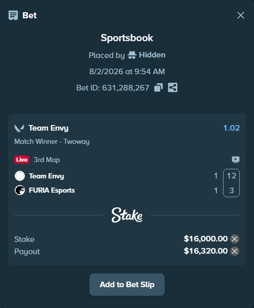 Bet slip: Team Envy - FURIA Esports, $15,612.93 stake at 1.02 odds, placed by Hidden