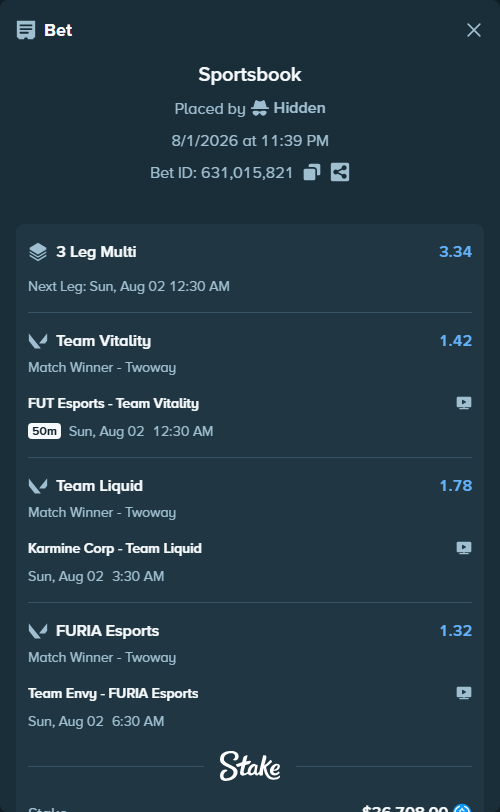 Bet slip: Team Envy - FURIA Esports, $36,708.00 stake at 1.32 odds, placed by Hidden