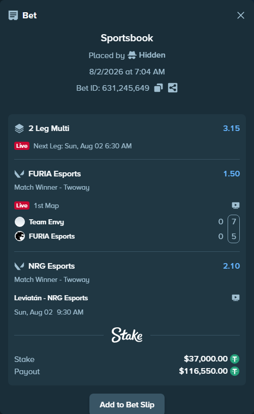 Bet slip: Team Envy - FURIA Esports, $37,037.00 stake at 1.50 odds, placed by Hidden