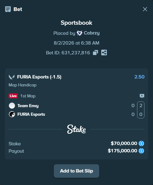 Bet slip: Team Envy - FURIA Esports, $70,000.00 stake at 2.50 odds, placed by Cabrzy