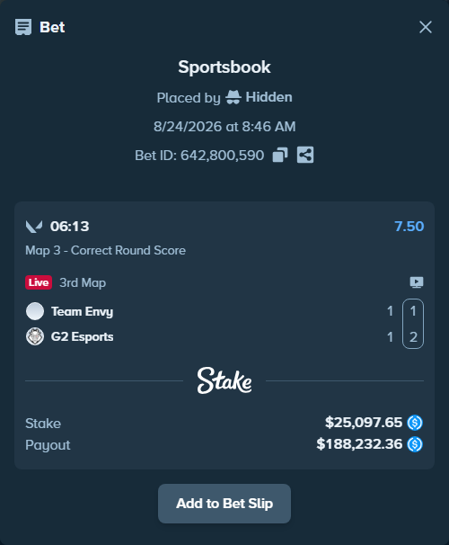 Bet slip: Team Envy - G2 Esports, $25,097.65 stake at 7.50 odds, placed by Hidden