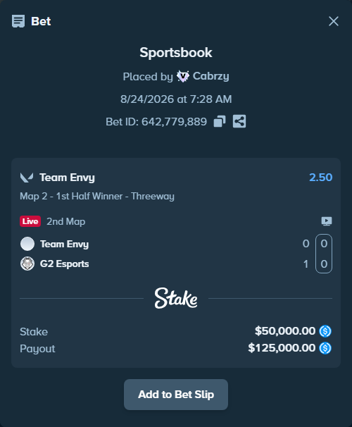 Bet slip: Team Envy - G2 Esports, $50,000.00 stake at 2.50 odds, placed by Cabrzy