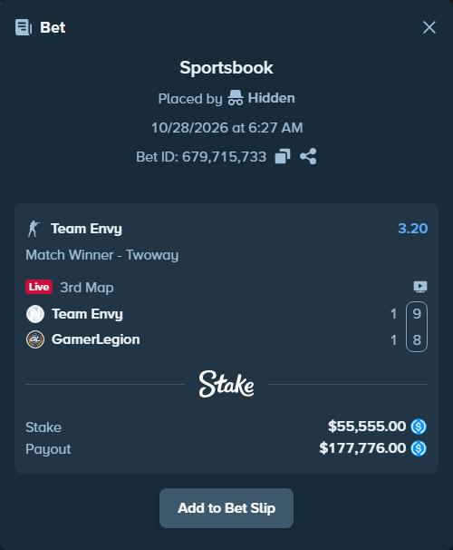 Bet slip: Team Envy - GamerLegion, $55,555.00 stake at 3.20 odds, placed by Hidden
