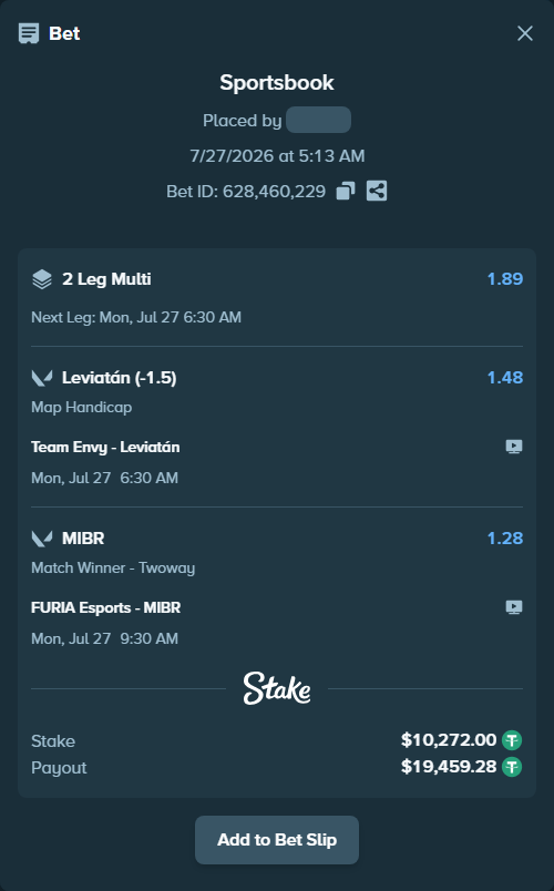 Bet slip: Team Envy - Leviatán, $10,272.00 stake at 1.48 odds, placed by kgod616