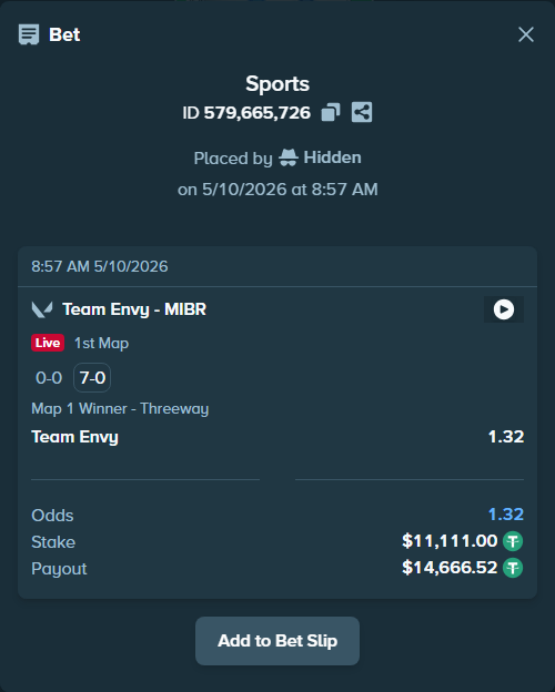 Bet slip: Team Envy - MIBR, $11,111.00 stake at 1.32 odds, placed by Hidden