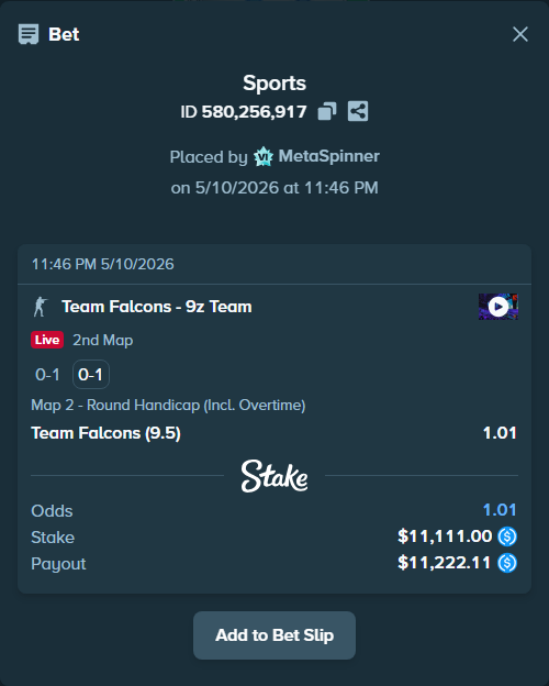 Bet slip: Team Falcons - 9z Team, $11,111.00 stake at 1.01 odds, placed by MetaSpinner
