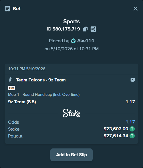 Bet slip: Team Falcons - 9z Team, $23,602.00 stake at 1.17 odds, placed by Abo114