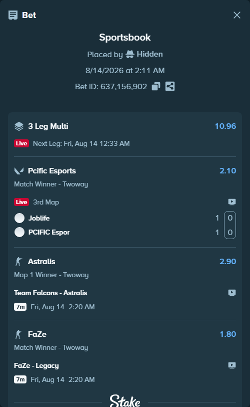 Bet slip: Team Falcons - Astralis, $17,000.00 stake at 2.90 odds, placed by Hidden
